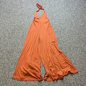 FREE PEOPLE WOMENS OPEN BACK WIDE LEG ORANGE JUMPSUIT MEDIUM